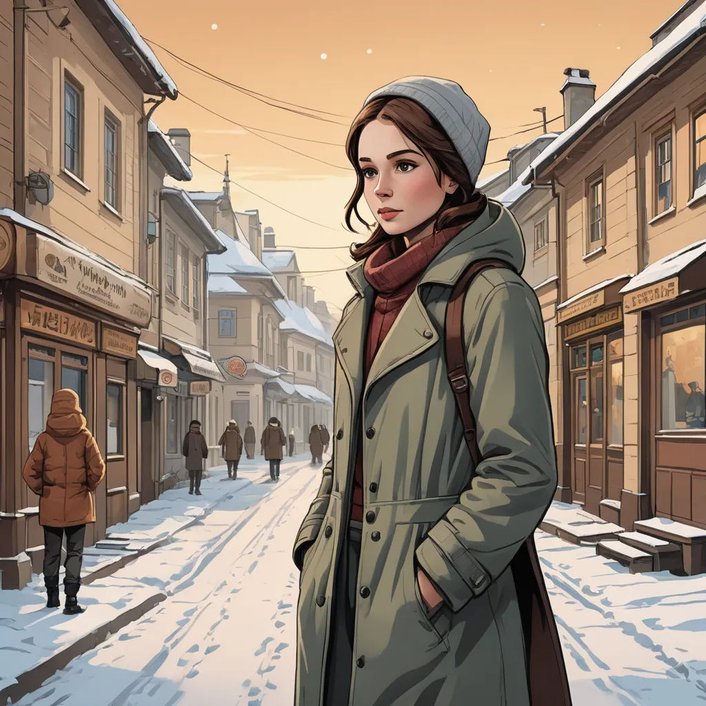a woman standing in the snow in a town with a man walking by her on a snowy day with a man walking by her, figurative art, a comic book panel, Elina Karimova, comic cover art