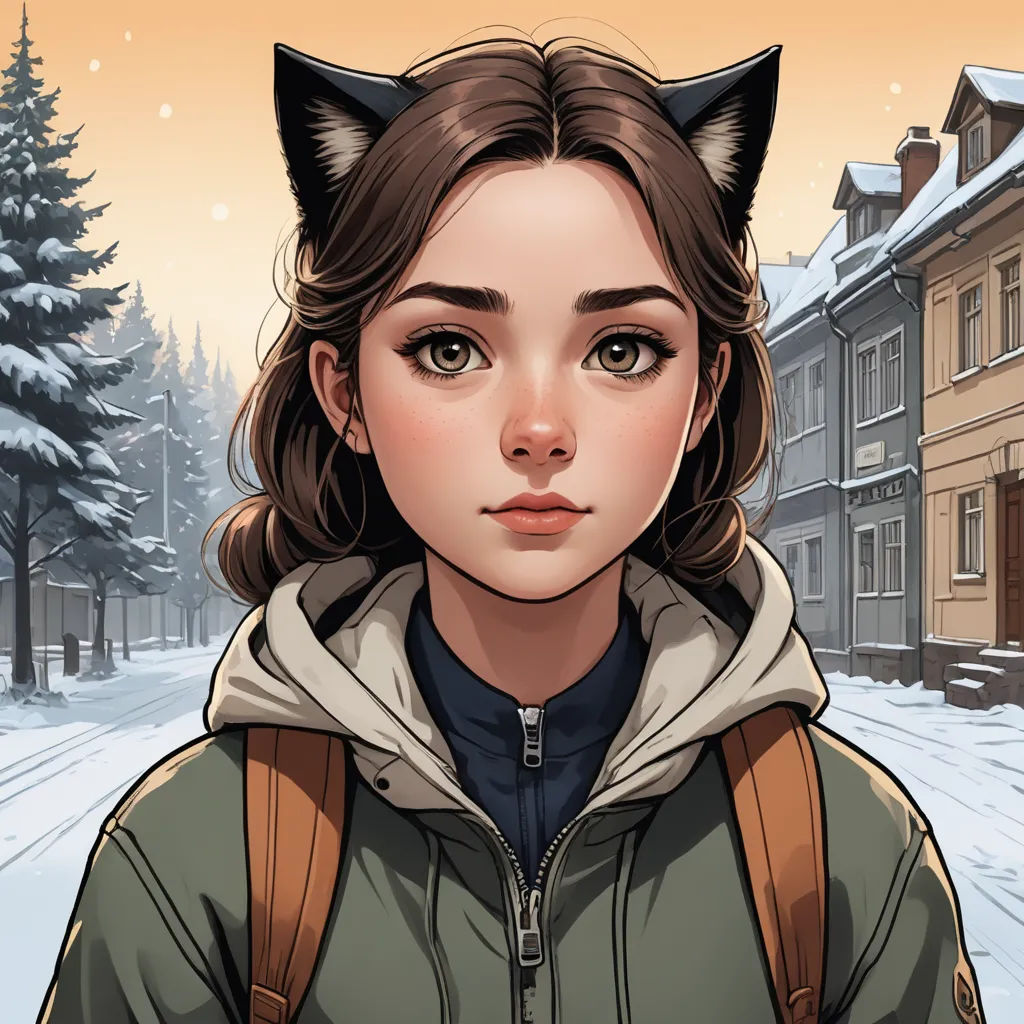 a girl with a cat's head on her shoulders in a snowy street with a house and trees, furry art, a character portrait, Artgerm, character portrait