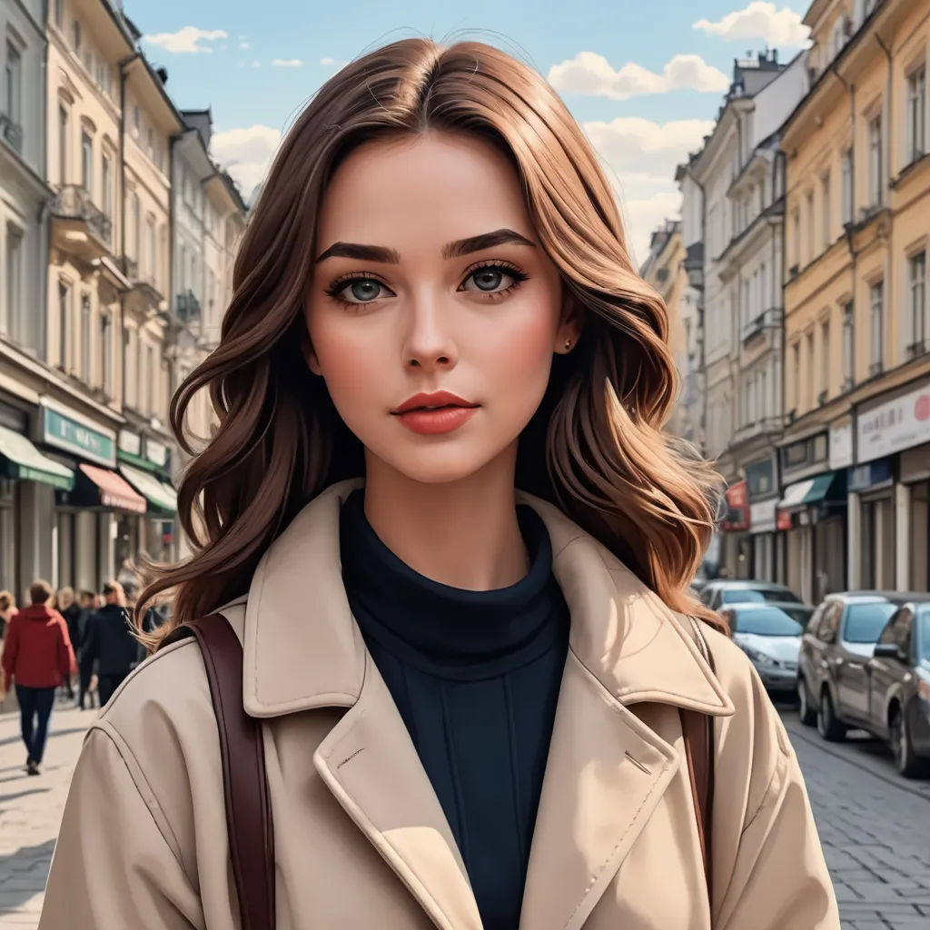 a woman in a trench coat is standing on a street corner with cars and people in the background and a blue sky, photorealism, a photorealistic painting, Alena Aenami, highly detailed digital painting