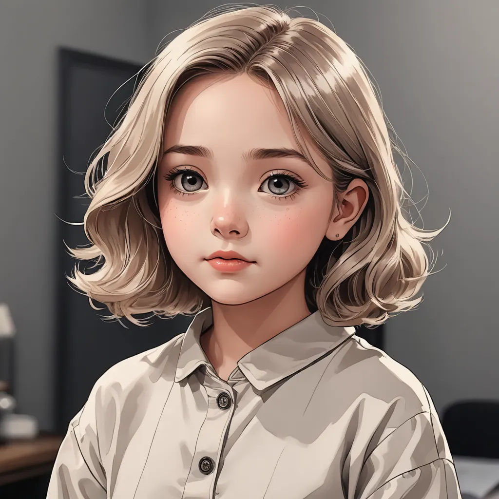 a digital painting of a young girl with blonde hair and a shirt on, looking at the camera, with a desk in the background, computer art, a detailed painting, Artgerm, anime art style