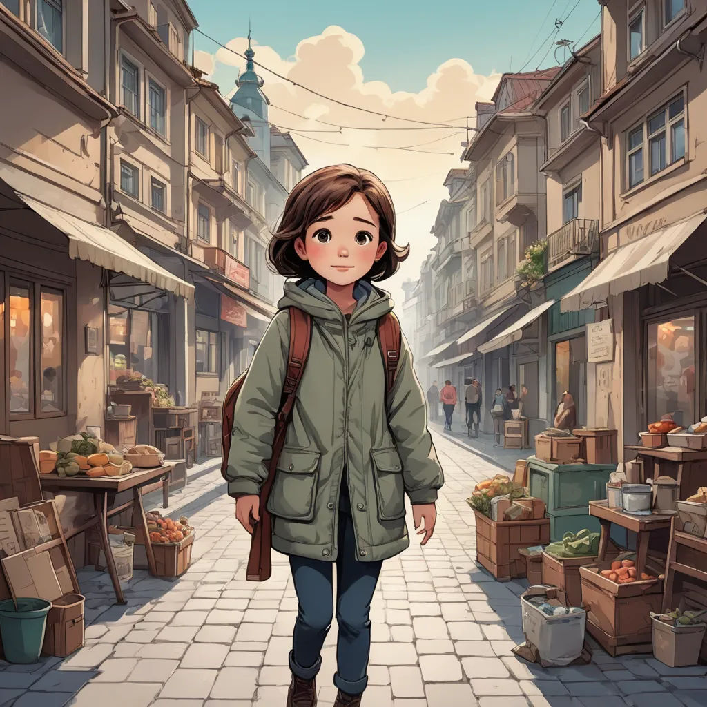 a woman walking down a street next to a building with a clock on it's side and a man in a green jacket, art & language, a storybook illustration, Cliff Childs, cgstudio