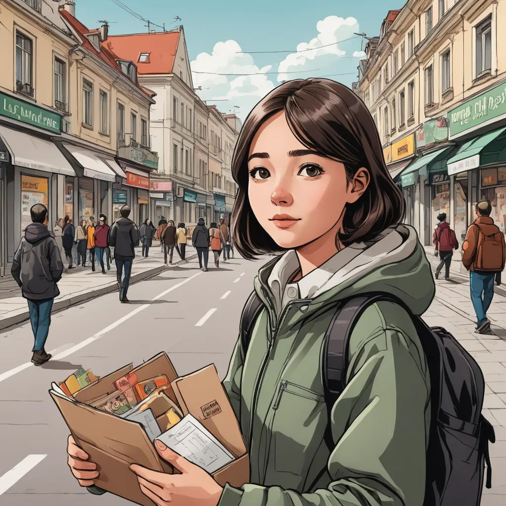 a woman holding a box of cigarettes on a city street with people walking by on the sidewalk and on the sidewalk, art & language, a comic book panel, Choi Buk, comic book