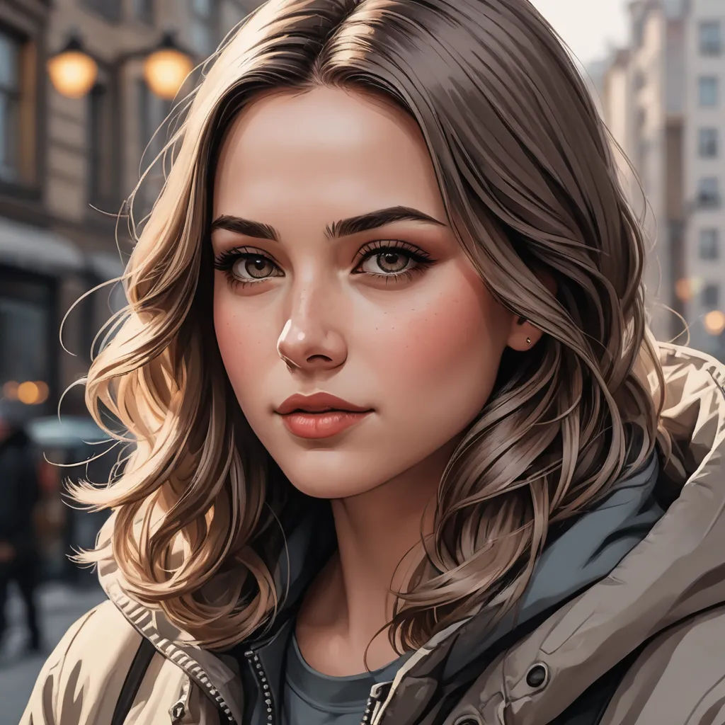 a digital painting of a woman in a city street with a city light in the background and a man walking by, photorealism, a photorealistic painting, Alena Aenami, photorealistic portrait