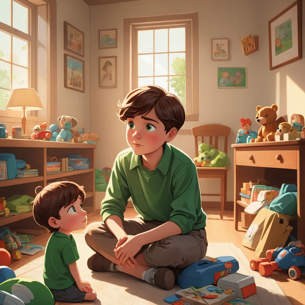 a boy and a boy sit on the floor in a room with toys and toys on the floor and a teddy bear, american scene painting, a storybook illustration, Aaron Jasinski, storybook illustration