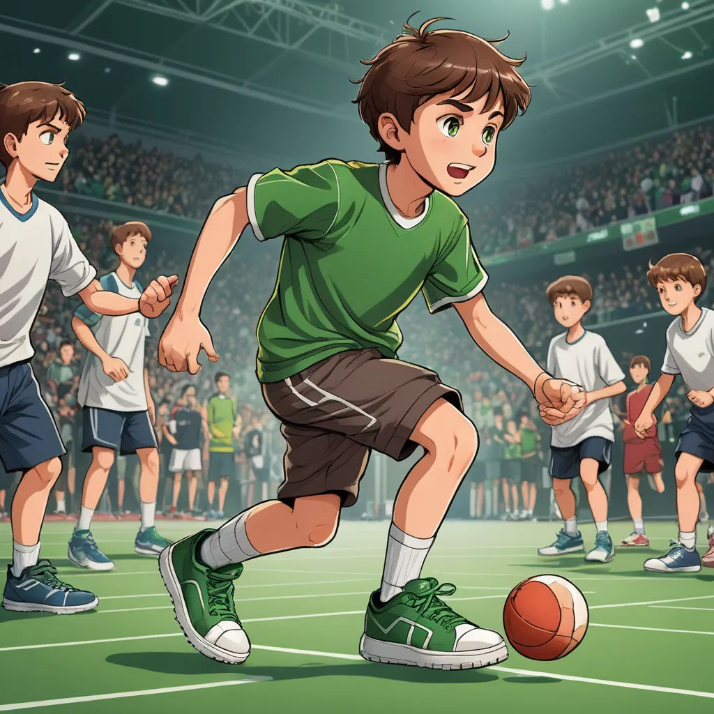a boy playing soccer in a stadium with other boys watching him from the sidelines and a ball in the air, sots art, a comic book panel, Florence Engelbach, official art