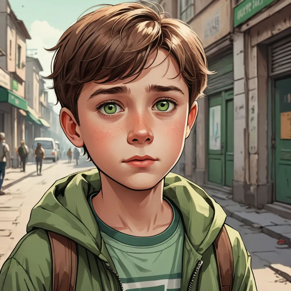 a boy with a backpack on a city street looking at the camera with a serious look on his face, photorealism, a character portrait, Aaron Jasinski, stanley artgerm lau