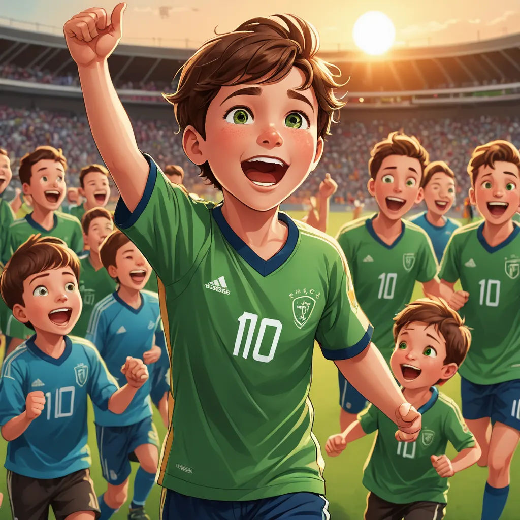 a boy in a green shirt is cheering with his team in the background at a soccer game with a crowd of people, fantastic realism, a storybook illustration, Alejandro Burdisio, official art