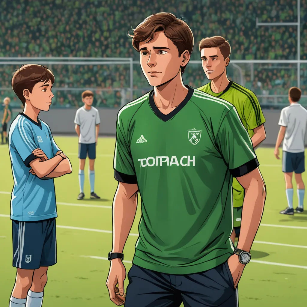 a cartoon of a soccer player and a referee on a field with a crowd of people watching him from the sidelines, fantastic realism, a character portrait, derek zabrocki, graphic novel