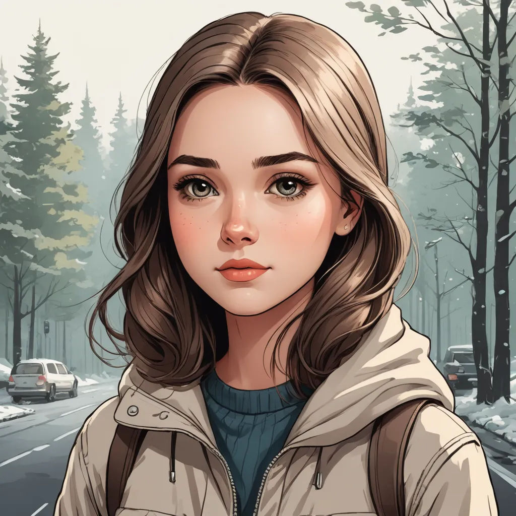 a digital painting of a woman in a parka and hoodie looking at the camera with a snowy road in the background, sots art, a character portrait, Elina Karimova, character portrait
