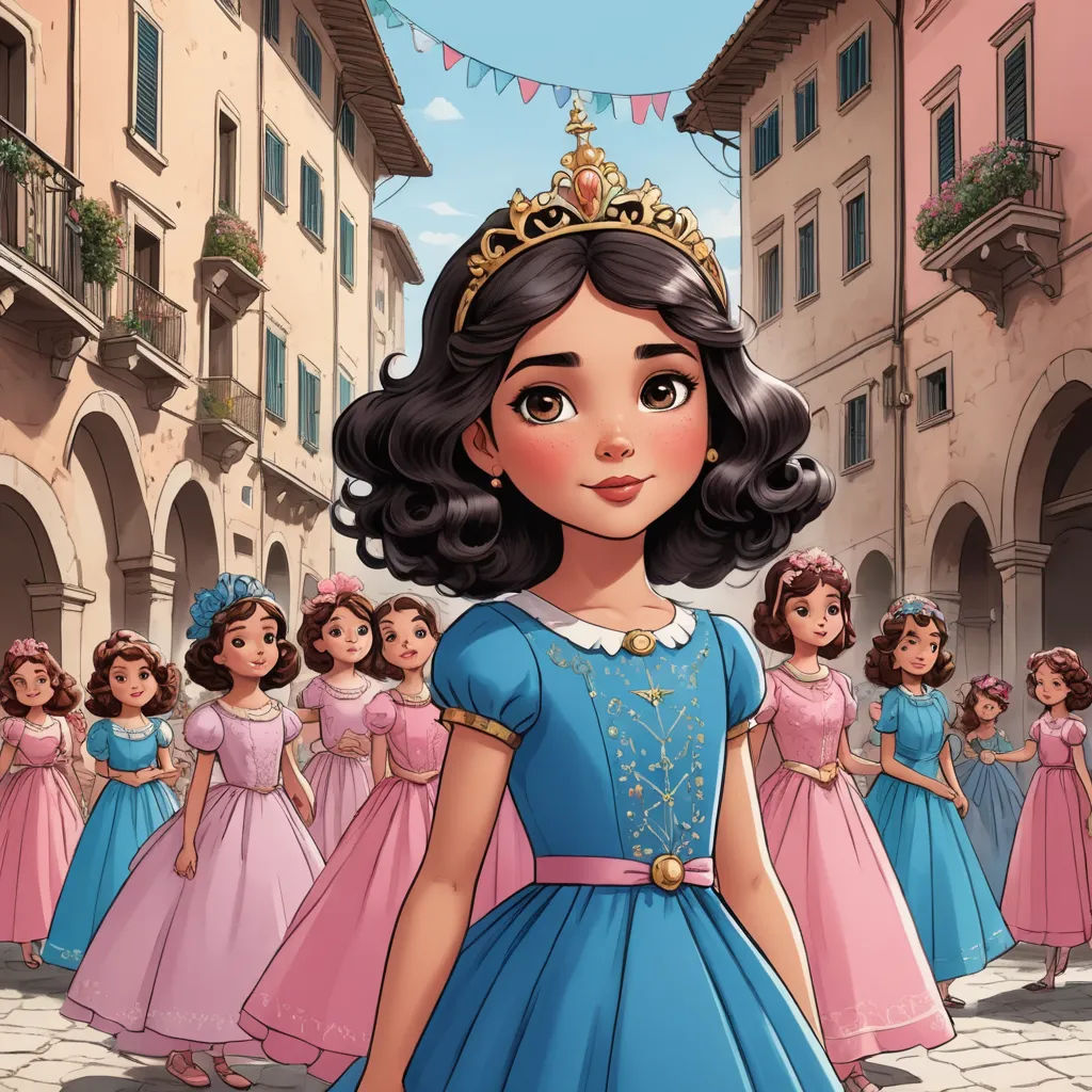 a cartoon of a girl in a blue dress with a crown on her head and other girls in pink dresses, magical realism, a storybook illustration, Araceli Gilbert, official art