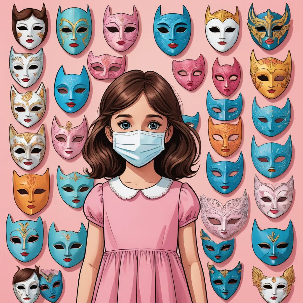 a girl in a pink dress and a mask is standing in front of a pink background with many different masks, neoplasticism, a storybook illustration, Cyril Rolando, comic cover art