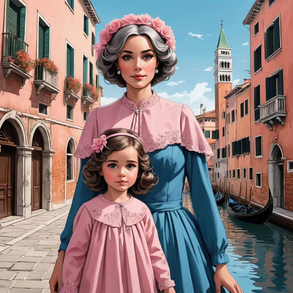 a painting of a woman and a child in a street with buildings and a gondola in the background, fantasy art, a storybook illustration, Brothers Hildebrandt, highly detailed digital painting