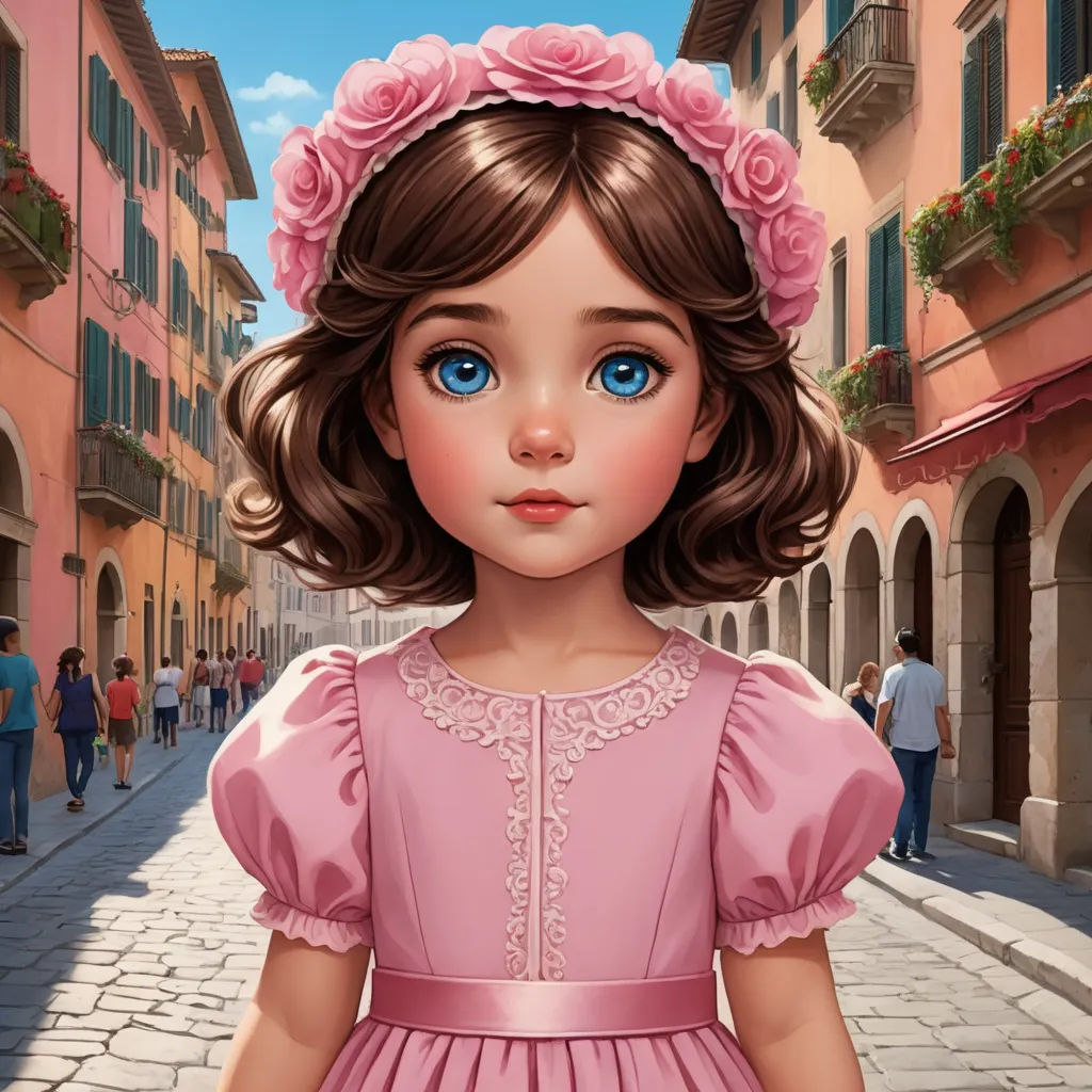 a little girl in a pink dress standing on a street with a pink flower in her hair and a pink flower in her hair, mannerism, a storybook illustration, Clarice Beckett, kinkade