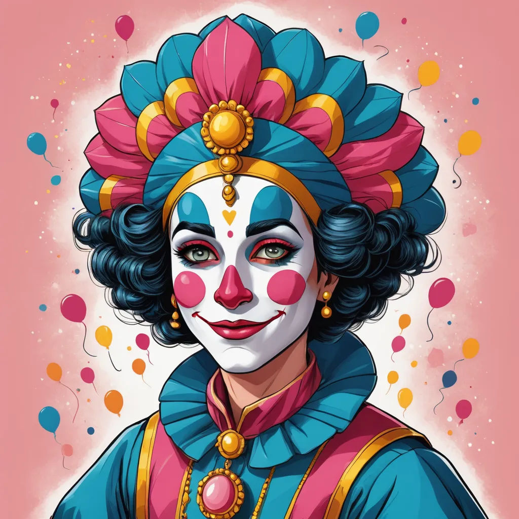 a woman with a clown makeup and a blue dress and a pink background with dots on it, and a pink background with dots, fantasy art, a character portrait, Araceli Gilbert, josan gonzales and dan mumford