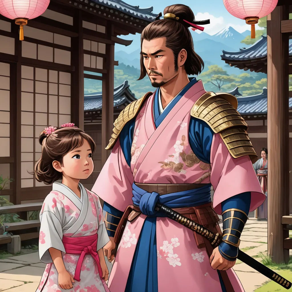 a man and a little girl standing in front of a building with lanterns on the roof and a pink and blue kimono, fantasy art, a storybook illustration, Baiōken Eishun, official art