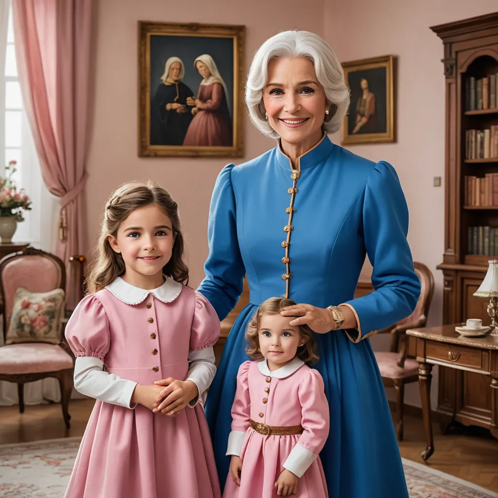a woman and two children standing in a room with pink walls and furniture and paintings on the walls and a pink chair, heidelberg school, a character portrait, Anna Maria Barbara Abesch, promotional image