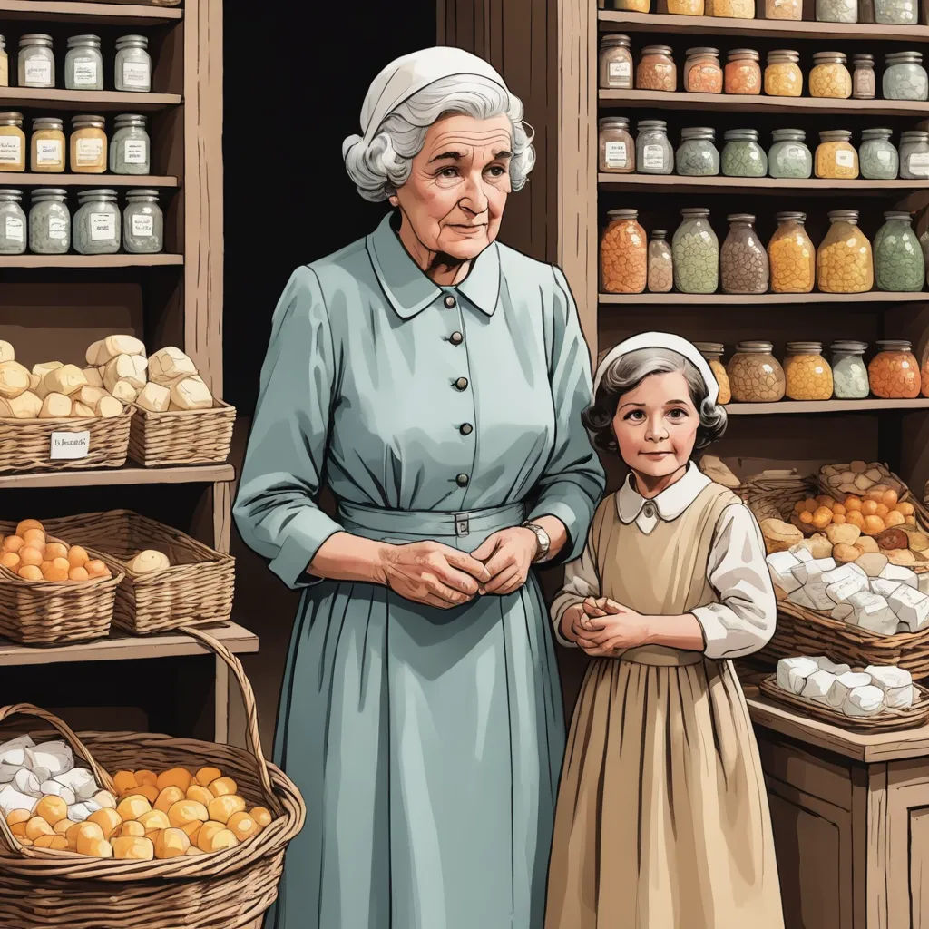 a painting of a woman and a child standing in front of a store filled with goods and jars of oranges, arts and crafts movement, a storybook illustration, Elinor Proby Adams, storybook illustration