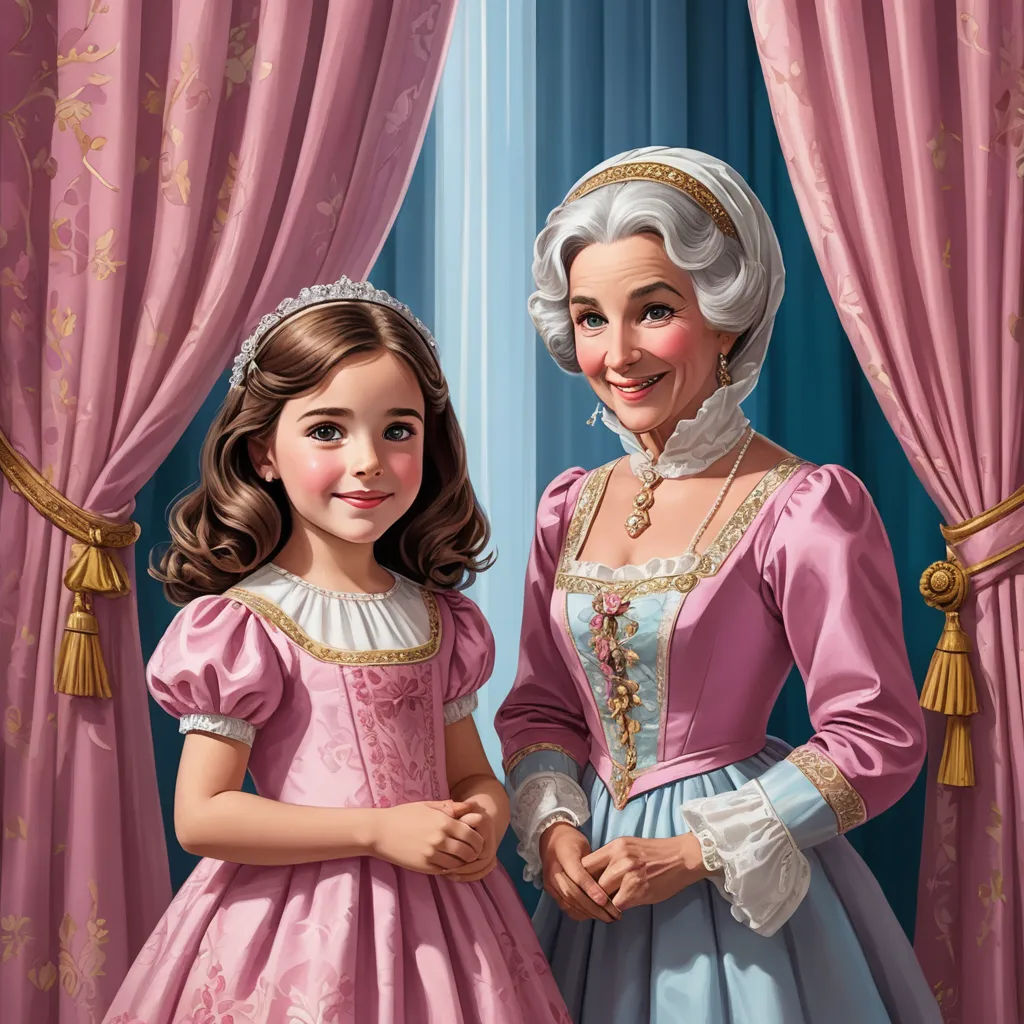 a painting of a mother and daughter in matching dresses standing in front of a curtained window with pink drapes, rococo, a storybook illustration, Carol Sutton, highly detailed digital painting