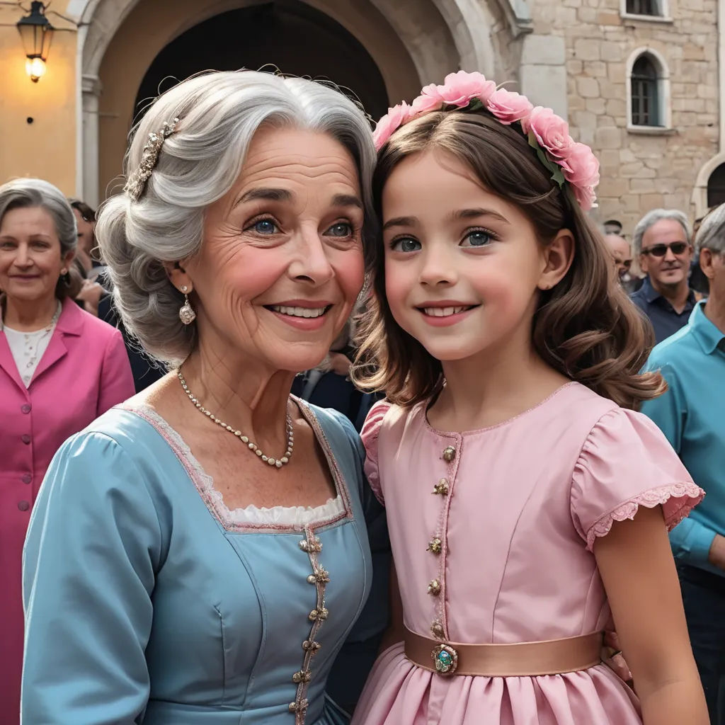 a woman and a little girl are posing for a picture together in front of a crowd of people in dresses, hyperrealism, a renaissance painting, Eva Gonzalès, promotional image