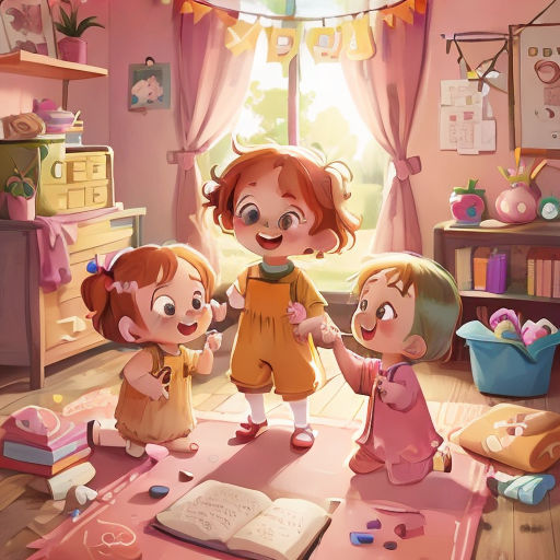 a group of children standing around a book in a room with a window and a pink rug on the floor