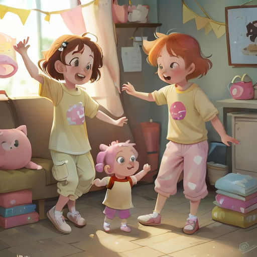 a couple of kids standing next to each other in a room with a pig on the floor and a pig on the floor