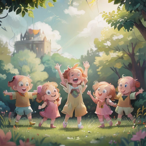 a group of children standing in a forest with a castle in the background and a kite flying in the air