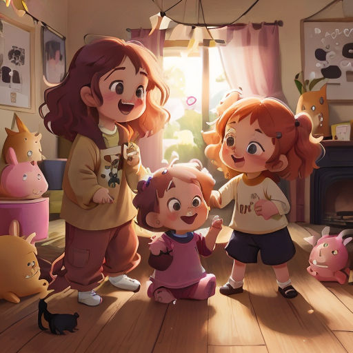 a group of children standing around a living room with a fire place in the background and a cat on the floor