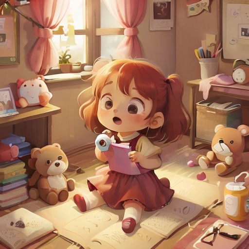 a little girl sitting on the floor with a book and teddy bears around her and a teddy bear holding a camera