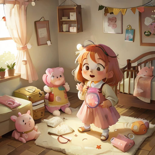 a little girl standing in a room with stuffed animals and a teddy bear on the floor next to her