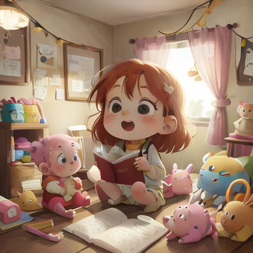 a little girl reading a book in a room full of stuffed animals and toys on the floor and a window