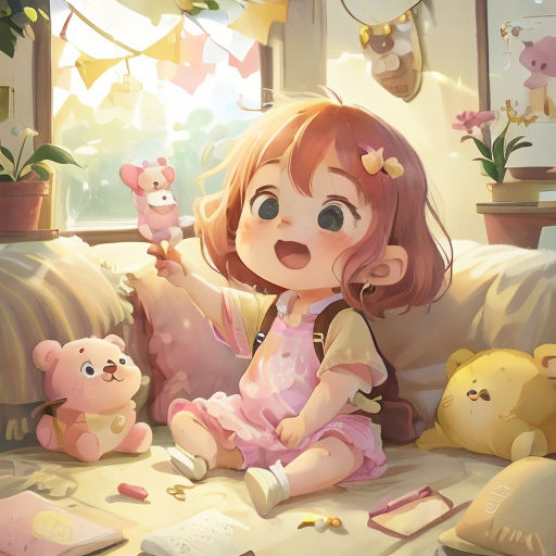 a little girl sitting on a couch with stuffed animals around her and a book in her hand and a teddy bear on the floor