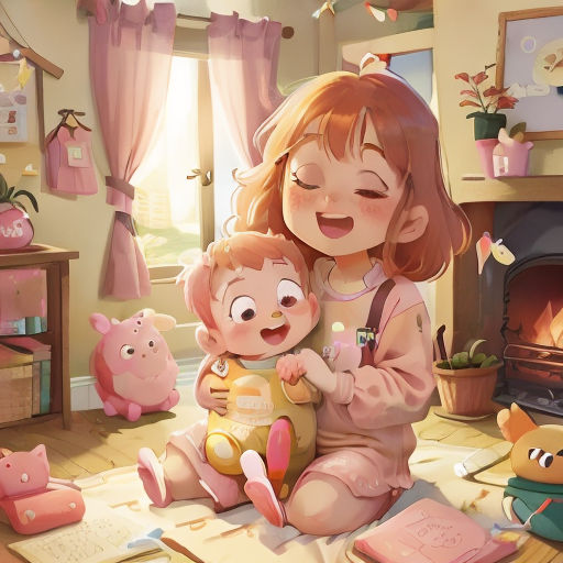 a woman holding a baby in a room with a fireplace and toys on the floor and a window behind her