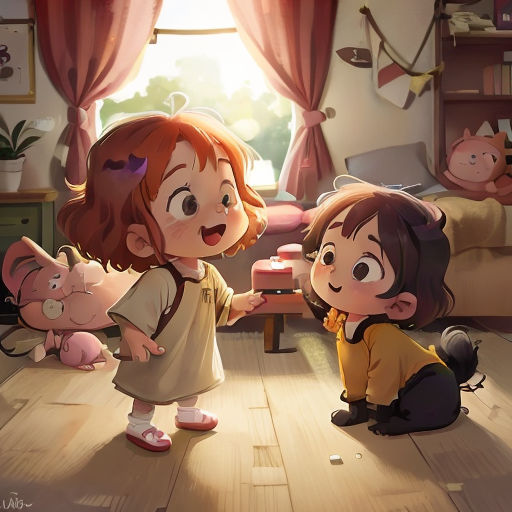 a little girl is playing with a cat in a room with other animals and a cat on the floor