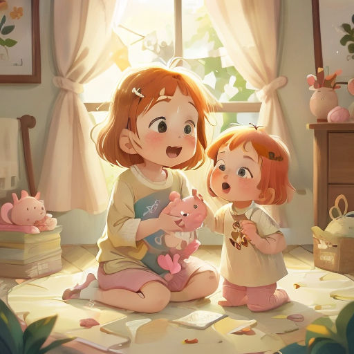 a little girl and a little girl sitting on a bed with a stuffed animal in front of a window