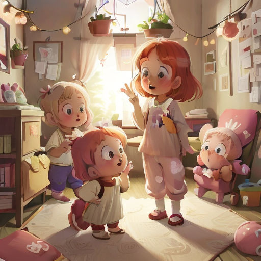 a group of children standing in a room with toys and a baby doll on the floor in front of them