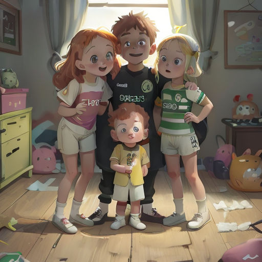 a group of children standing next to each other in a room with a window and a wooden floor and a wooden floor