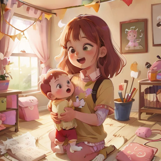 a woman holding a baby in a room with a window and a painting on the wall behind her and a baby in her lap