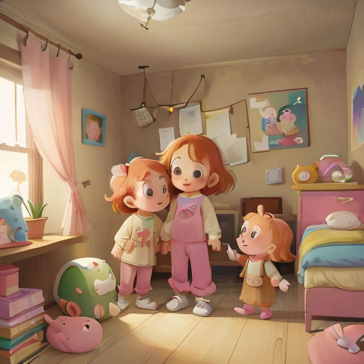 a couple of kids standing in a room with a bed and a desk and a window with curtains on it