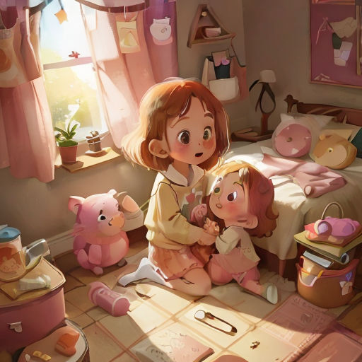 a girl and a girl sitting on a bed with stuffed animals in a room with pink curtains and a window