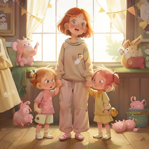 a woman standing next to two children in a room with stuffed animals on the wall and a window behind her