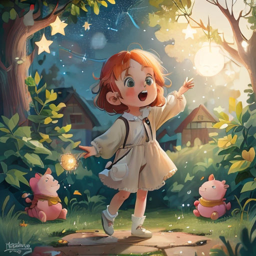 a little girl in a dress is playing with a light ball in the woods with pigs and a house