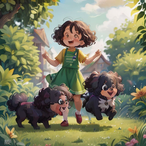 a girl in a green dress is surrounded by three dogs in a park with a house in the background