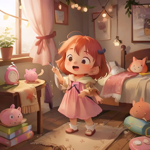 a little girl standing in a bedroom with a cat and a cat toy in front of her and a cat on the floor