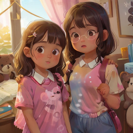 two young girls standing next to each other in a room with teddy bears on the wall and a window