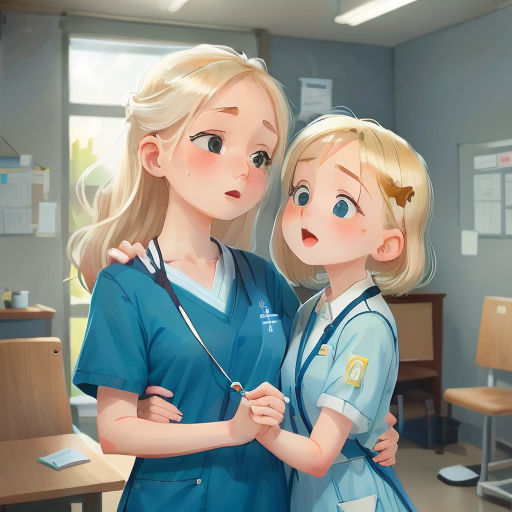 a couple of women standing next to each other in a room with a desk and chairs in the background