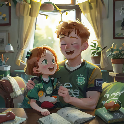 a boy and girl sitting on a couch with a book and a book in front of them, looking at a book