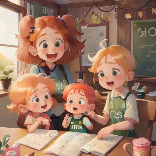 a woman and two children are sitting at a table with books and a cup of coffee in front of them