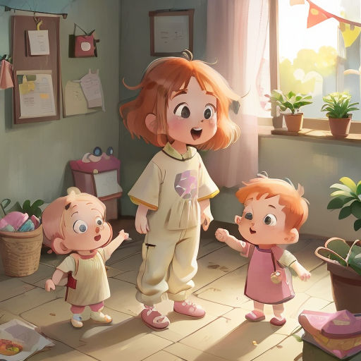 a little girl and two little boys standing in a room with a potted plant and a potted plant