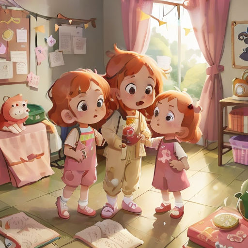 a group of children standing in a room with a teddy bear and a teddy bear on the floor next to a window