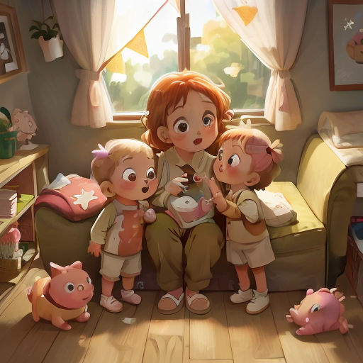 a woman sitting on a couch with two children and a pig in front of her and a pig on the floor